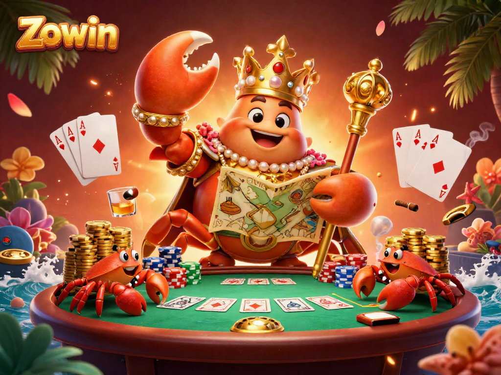 Experience the excitement of Zowin as the golden crab emperor oversees high-stakes poker with vibrant casino details.