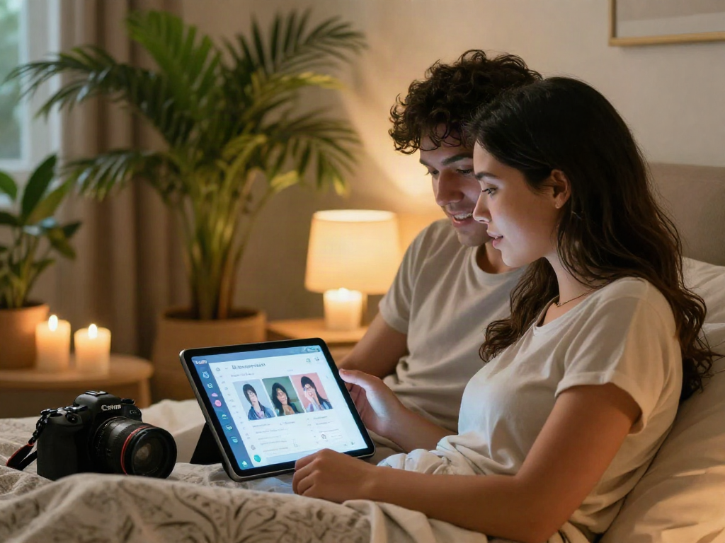 Couple exploring ai sex applications on a tablet in a modern bedroom.