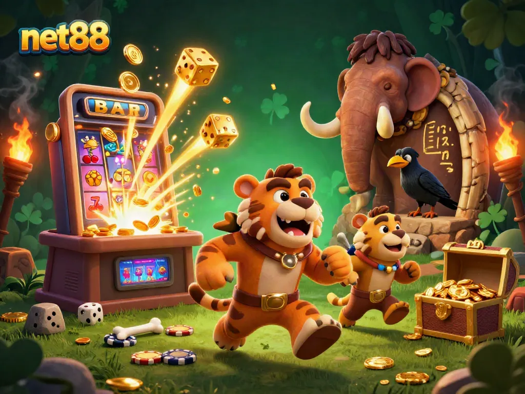 Experience thrilling gameplay at net88 with an exciting prehistoric casino scene featuring cartoon characters and vivid gaming elements.