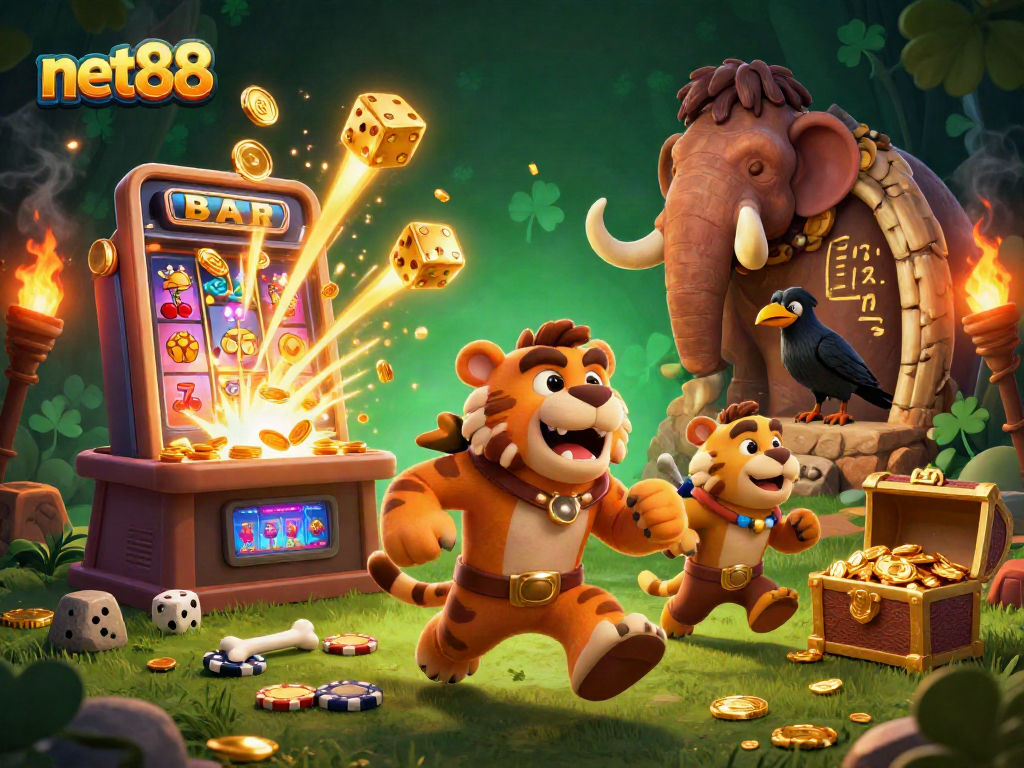 Experience thrilling gameplay at net88 with an exciting prehistoric casino scene featuring cartoon characters and vivid gaming elements.