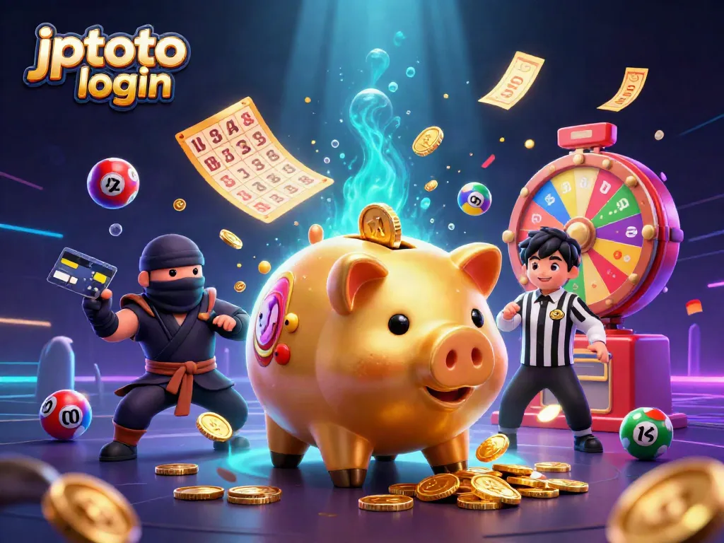 Engage in the excitement of jptoto login with cartoon characters and vibrant gambling elements in a dynamic scene.