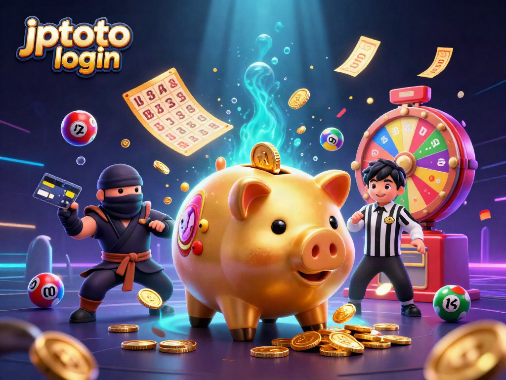 Engage in the excitement of jptoto login with cartoon characters and vibrant gambling elements in a dynamic scene.