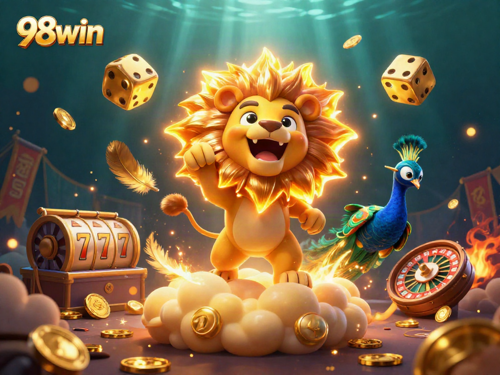 Spin and win with 98win's intense casino adventure featuring vibrant 3D elements.