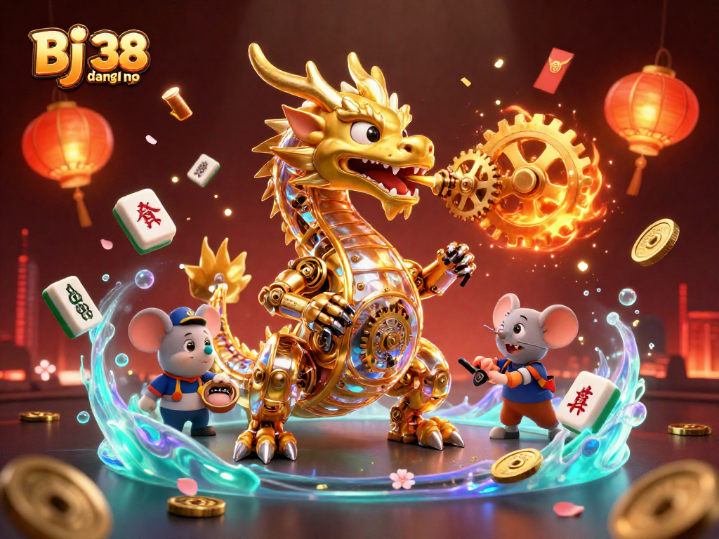 Experience thrilling gameplay at Bj 38 đăng nhập, where a dragon breathes gears in a vibrant casino atmosphere.