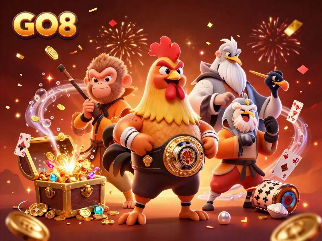 Engage in thrilling gameplay at GO8 with a stunning 3D illustration featuring characters and casino elements.