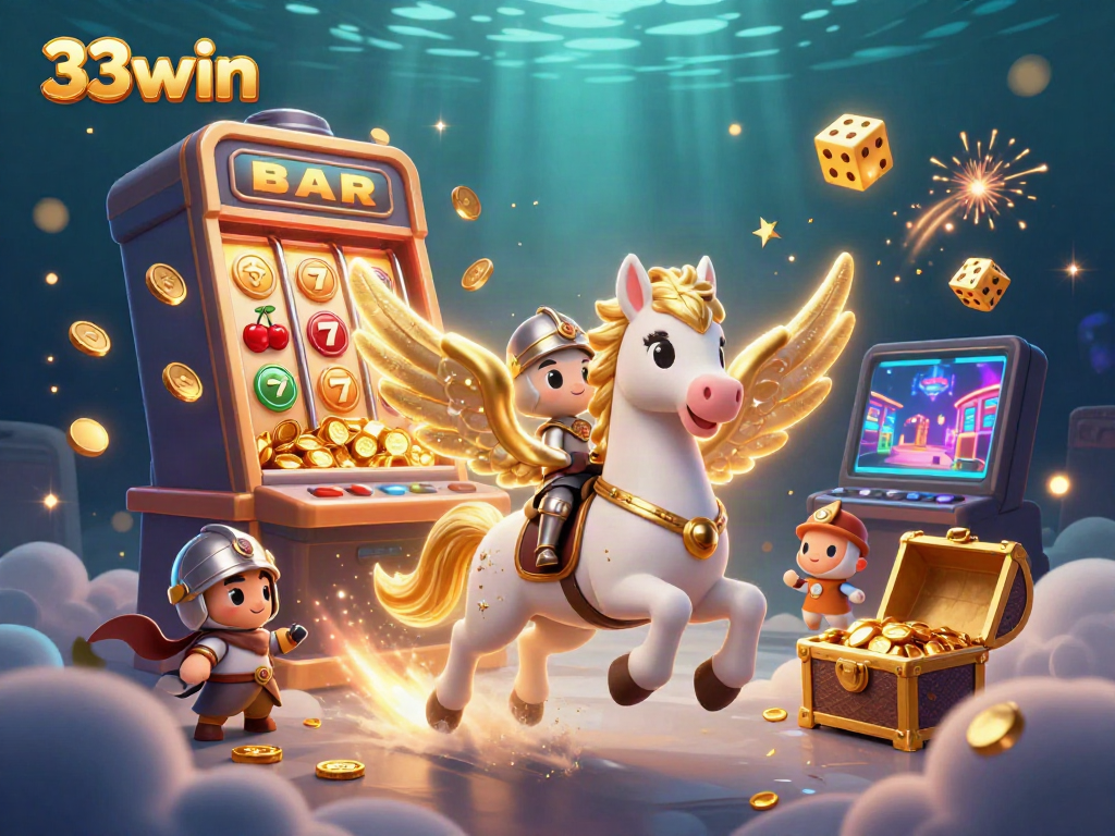 Experience the thrilling world of 33win with a celestial horse and jackpot action in this vibrant casino illustration.