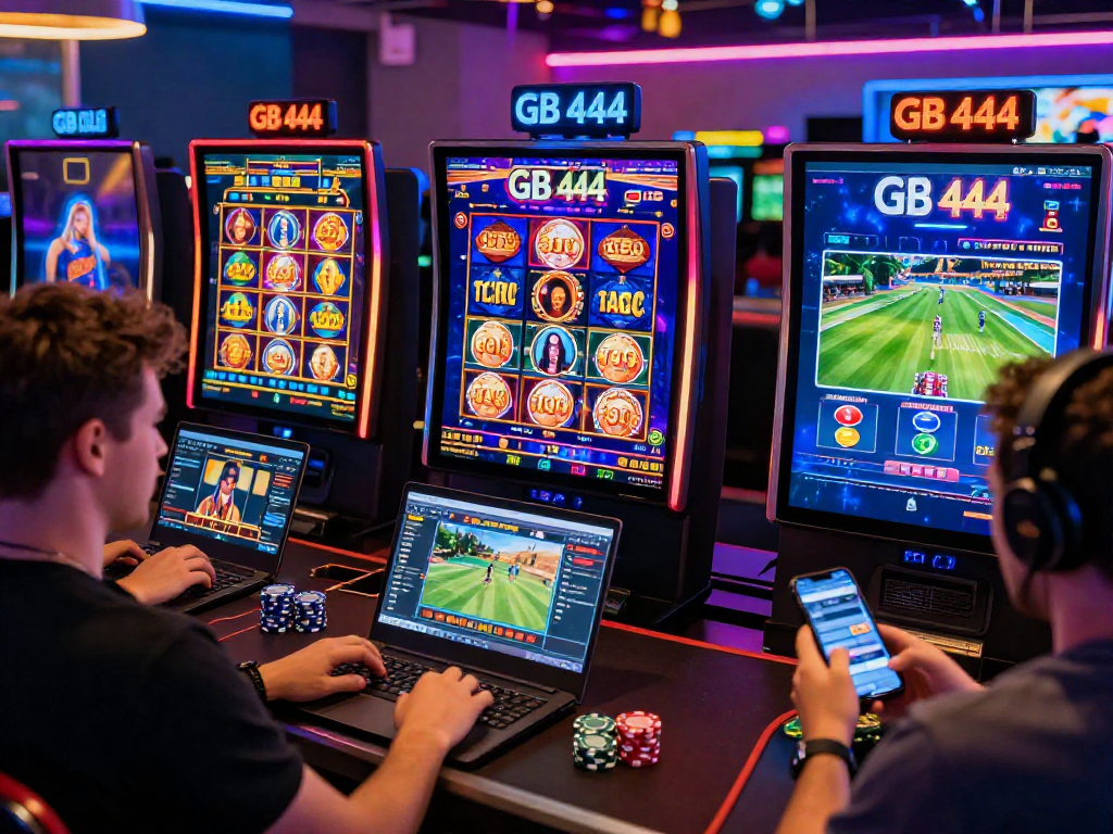 Experience the thrill of online gaming with GB 444, showcasing players engaged in vibrant gameplay with live dealers and slot games.