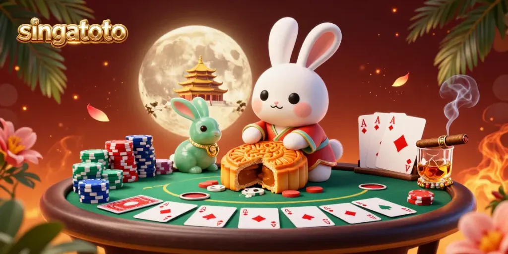 Experience thrilling gaming as singatoto's moon rabbit reveals poker chips from golden mooncakes on the lunar surface.
