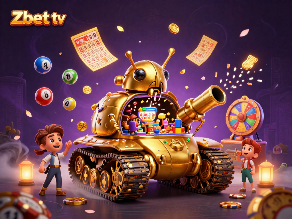 Experience the excitement of Zbet tv as a golden beetle tank casino shoots coins and confetti.