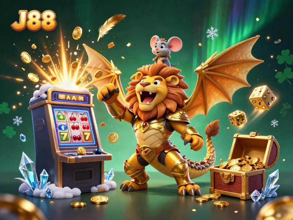 J88 casino scene featuring a golden chimera and mouse jockey amidst a jackpot explosion of coins.