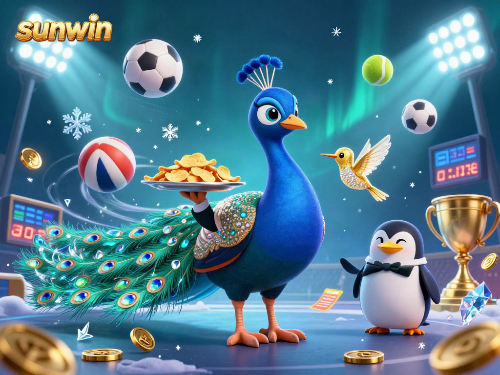 Experience sunwin's elite gaming with a majestic peacock, golden chips, and dynamic sports elements