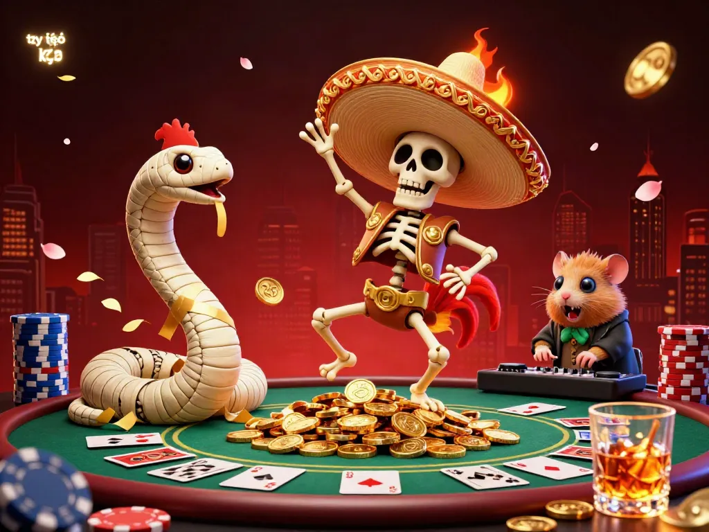 Engaging illustration showcasing tỷ lệ kèo with a festive skeleton mariachi rooster and gambling elements.