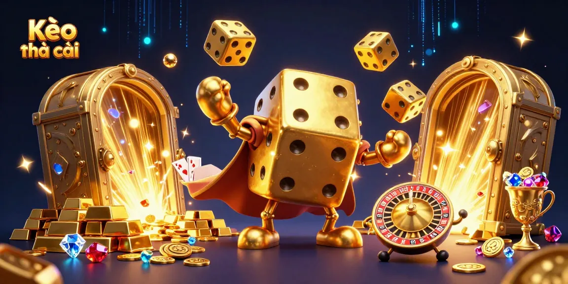Engaging Kèo nhà cái imagery with golden dice juggling amidst a treasure-filled casino scene.