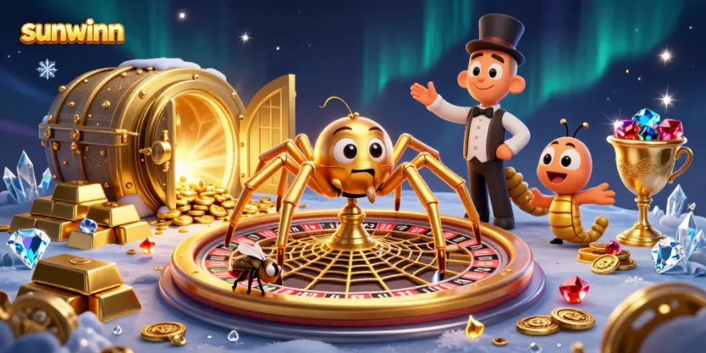 Experience the thrill of sunwinn as a golden spider spins a roulette web in an enchanting casino scene.