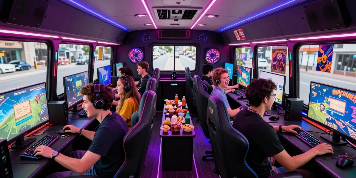 Engaged friends playing video games in a vibrant gaming bus party atmosphere