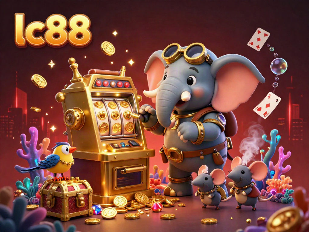 Experience the excitement of lc88 with a steampunk elephant and slot machine amidst vibrant casino elements.