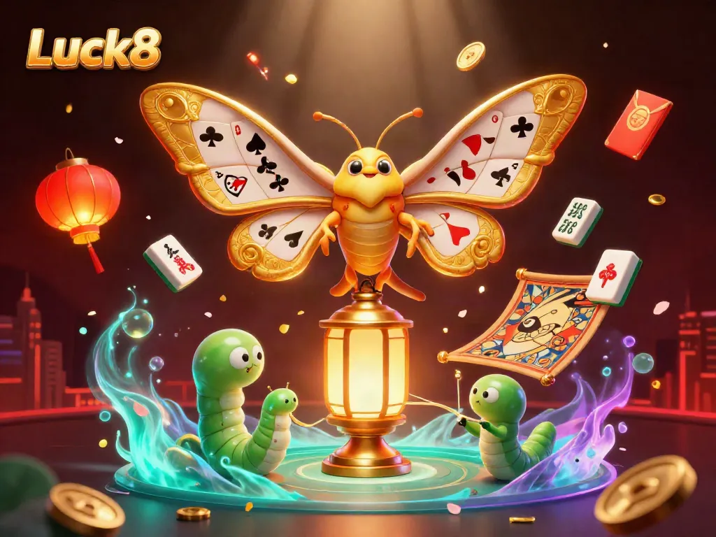 Experience the excitement of gambling at Luck8 with vibrant casino-themed 3D illustration of golden elements and colorful motifs.