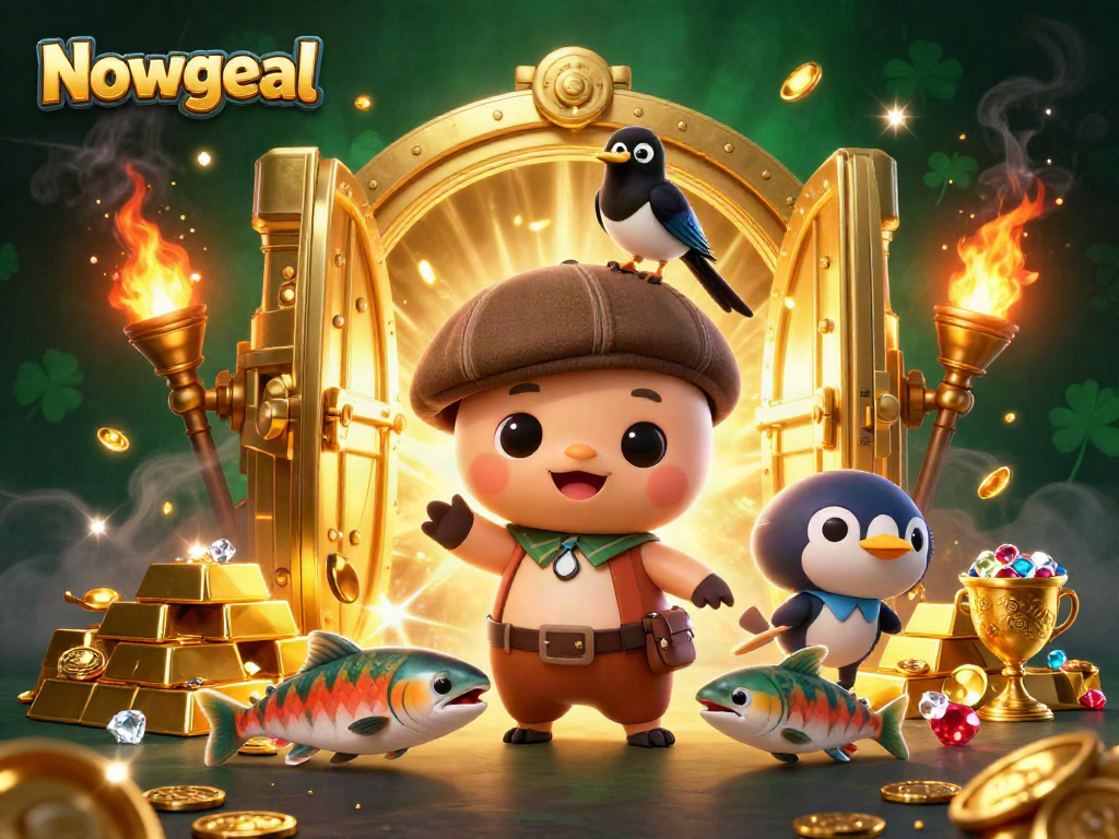 Join Nowgoal for thrilling live football scores featuring vibrant characters and gold treasures in a dynamic casino scene.