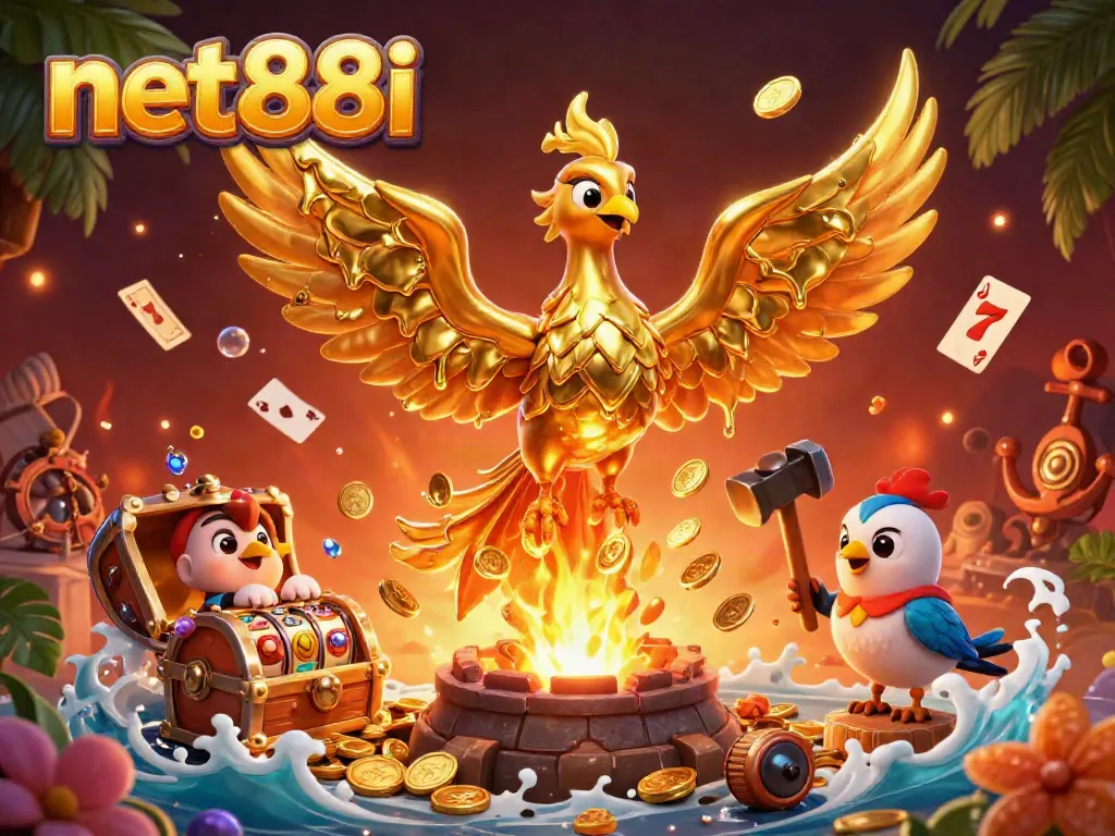 Play thrilling casino games and win big at net88i with a vibrant 3D illustration.