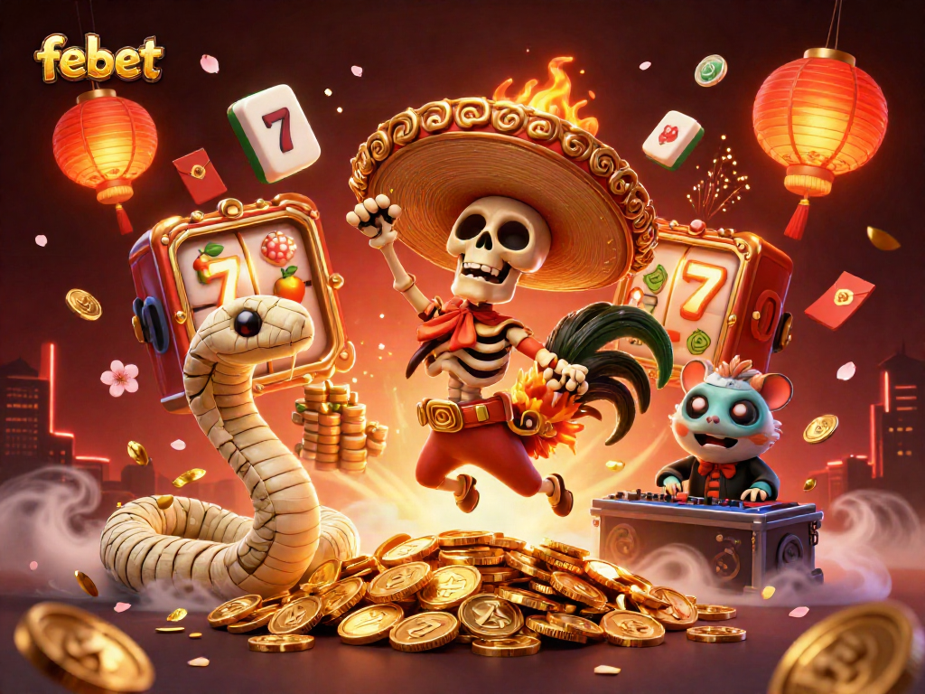 Febet showcases festive 3D casino party scene with a mariachi rooster celebrating over riches.