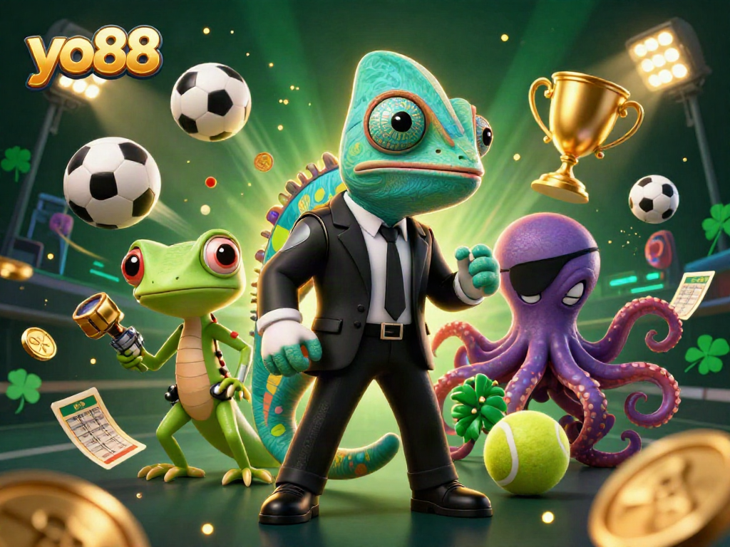 Join the thrilling world of yo88 with dynamic chameleon, gecko, and octopus in an engaging casino scene.