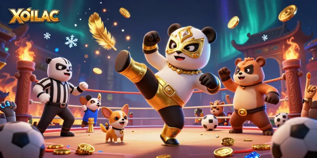 Experience thrilling sports betting excitement with XOILAC's amazing live action featuring a panda wrestler and energetic crowd.