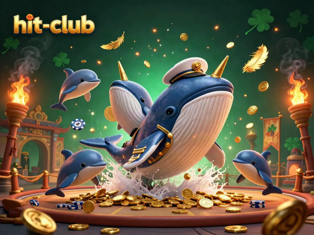 Experience the thrill of hit-club with a lively scene of a whale breaching in gold coins while dolphins play with poker chips.