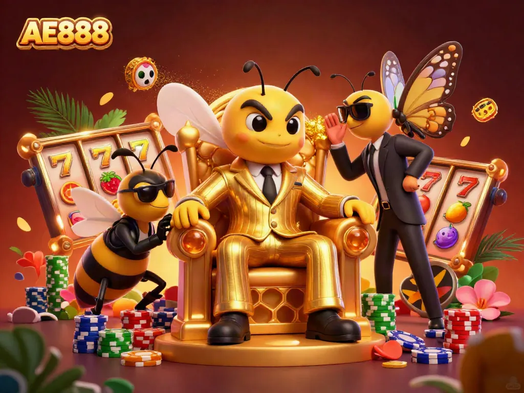 Experience the thrill of slots with AE888 as cartoon characters enjoy the jackpot excitement.