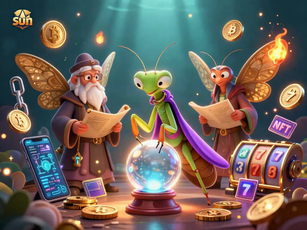 Win big with the sun-themed casino illustration featuring rich slot elements and magical characters.