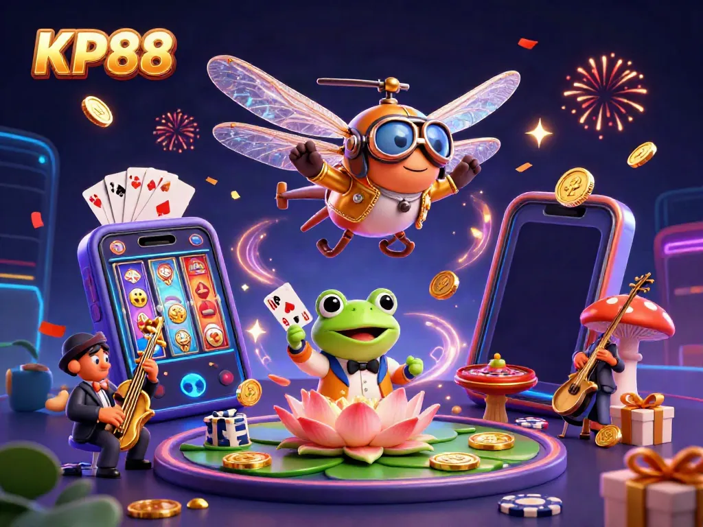 Experience KP88's vibrant casino world with a lively frog croupier and a jazzy ambiance.