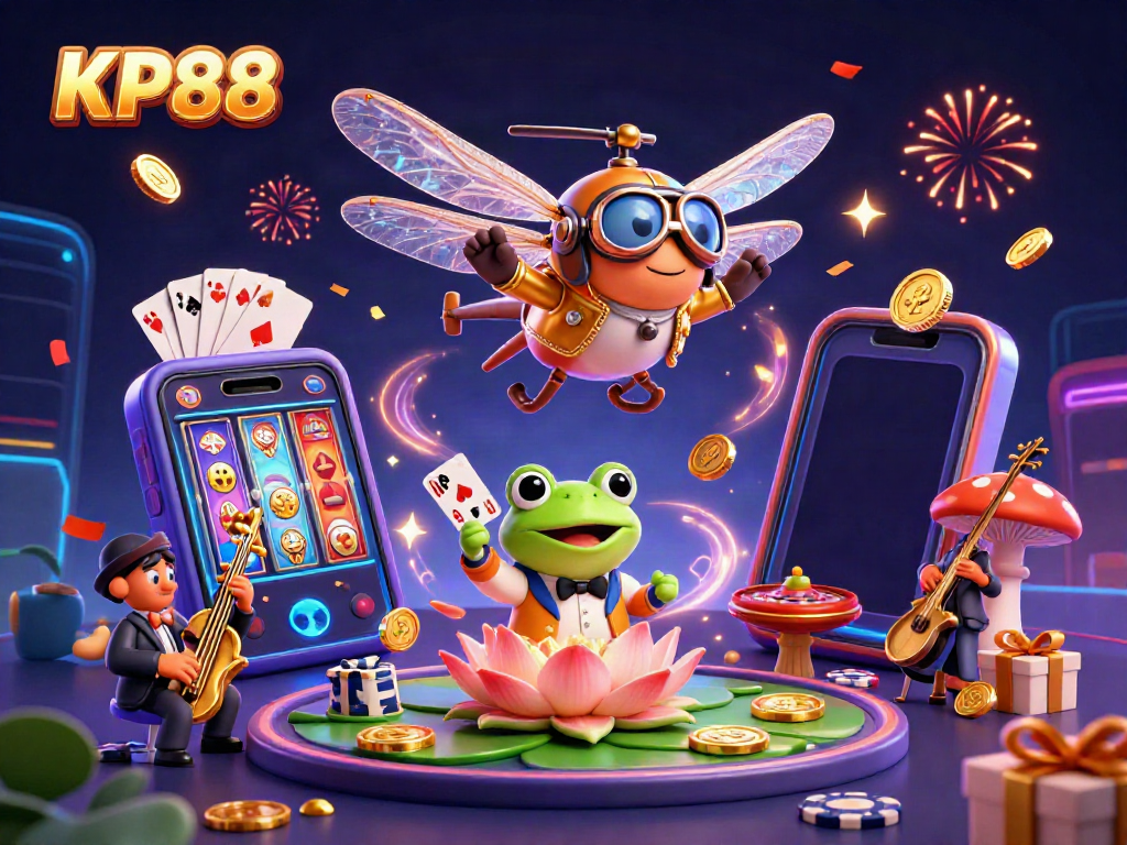Experience KP88's vibrant casino world with a lively frog croupier and a jazzy ambiance.