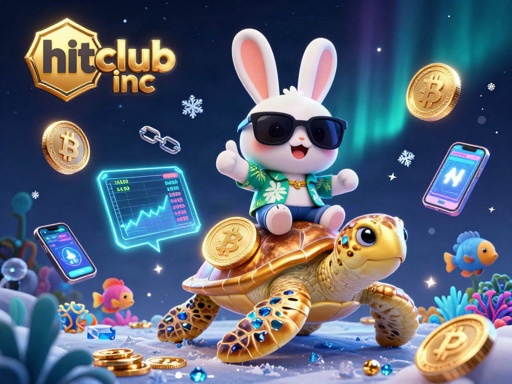 Engage with hitclub inc's vibrant 3D gaming illustration featuring a lucky rabbit and crypto elements.