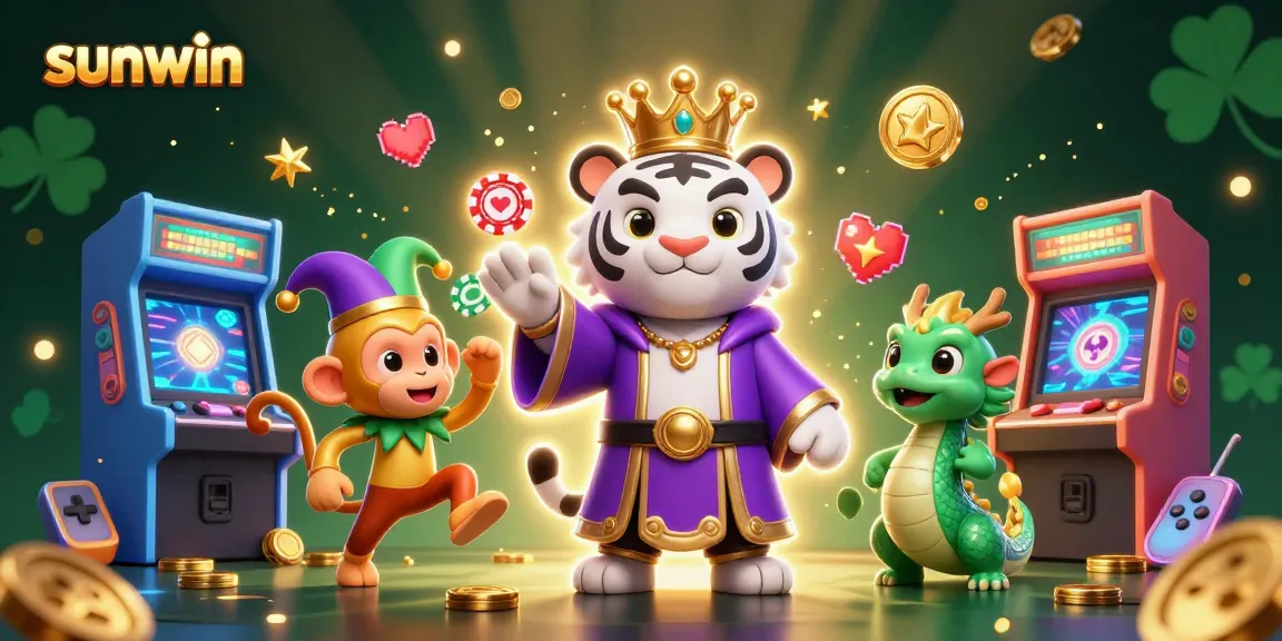 Sunwin showcases an elegant tiger and monkey juggling poker chips in a vibrant casino scene.