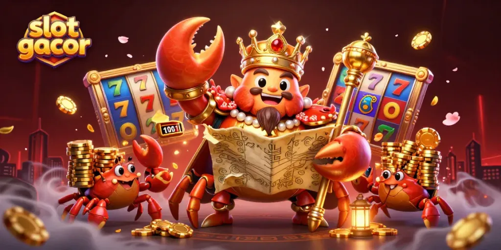 Experience thrilling slot gacor action with golden crab emperor and vibrant game elements in dynamic scene