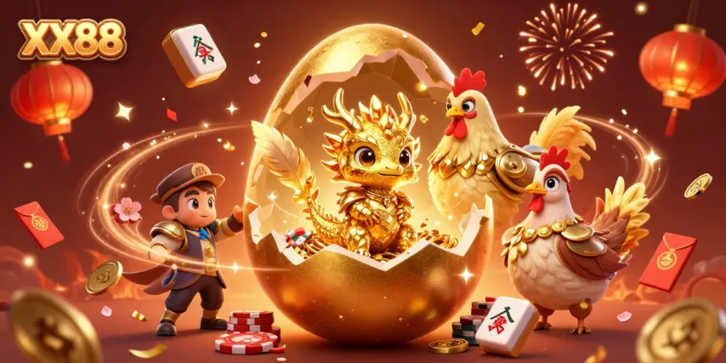 Join the excitement at XX88, featuring a golden baby dragon, poker chips, and festive decorations