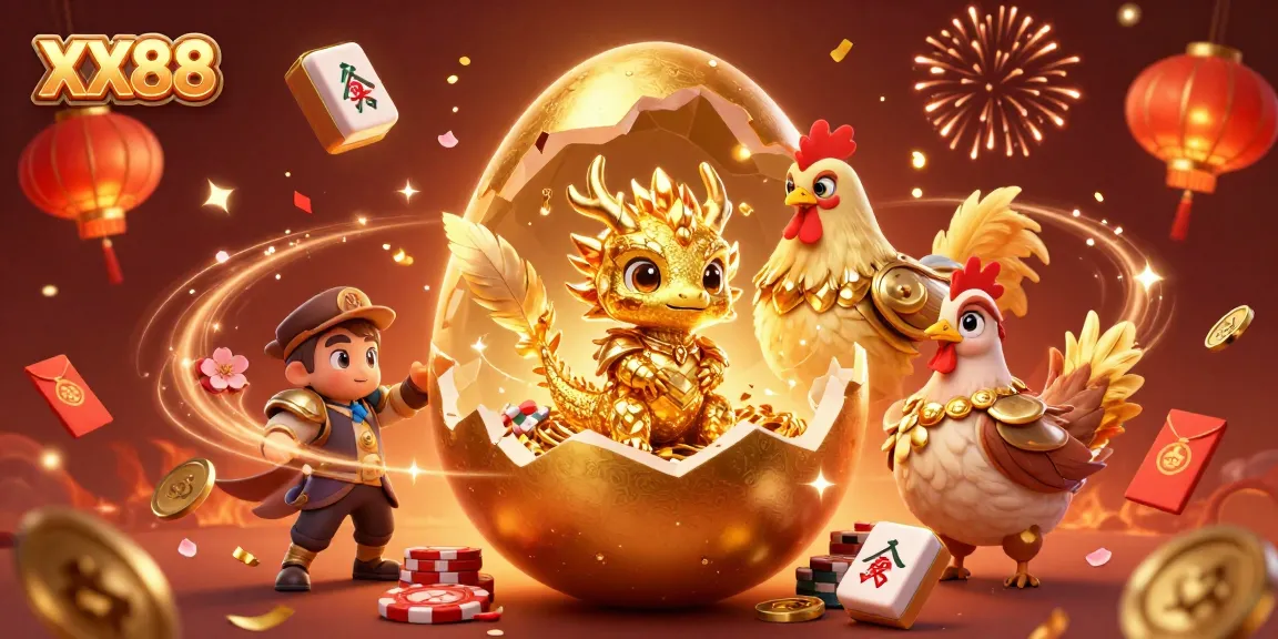 Join the excitement at XX88, featuring a golden baby dragon, poker chips, and festive decorations