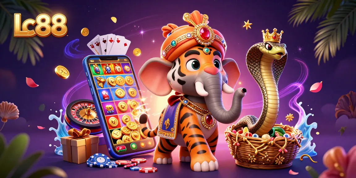Experience Lc88's vibrant gaming scene, featuring a majestic elephant, riches, and thrilling games.