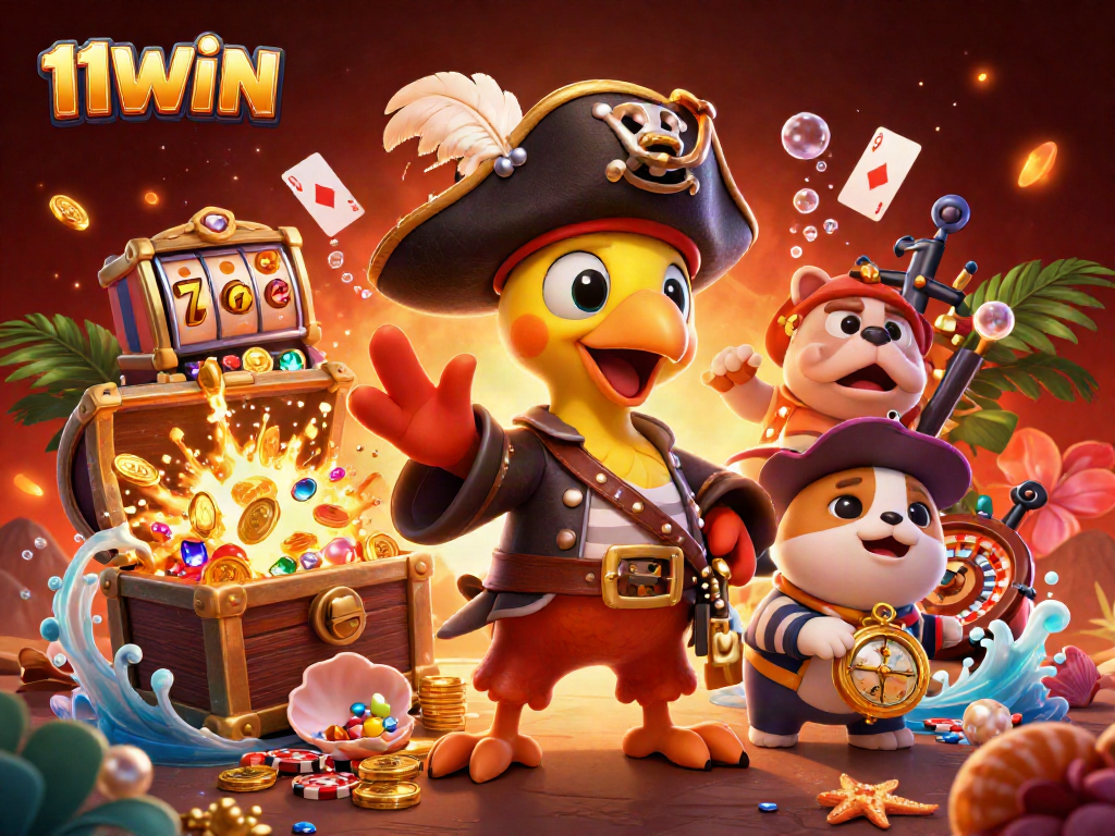 Capture winnings with 11WIN in this vibrant 3D casino adventure illustration.