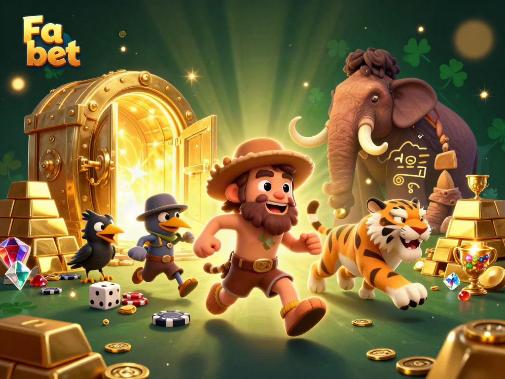 Engage with Fa bet in a vibrant prehistoric casino scene featuring a caveman duo and scoring crow.