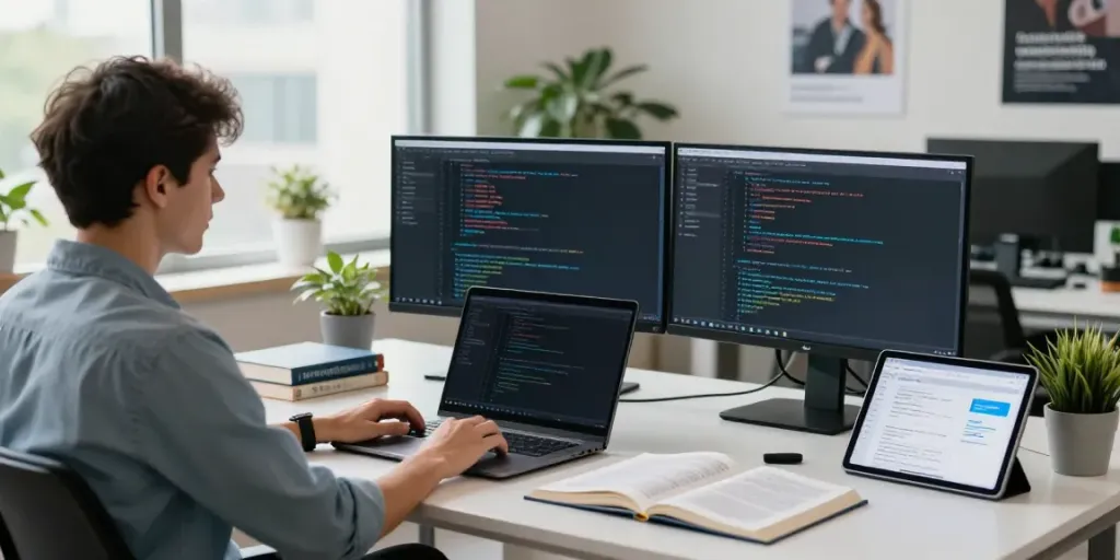 Engaging workspace showing sponsored software articles development process with coding and project management tools.