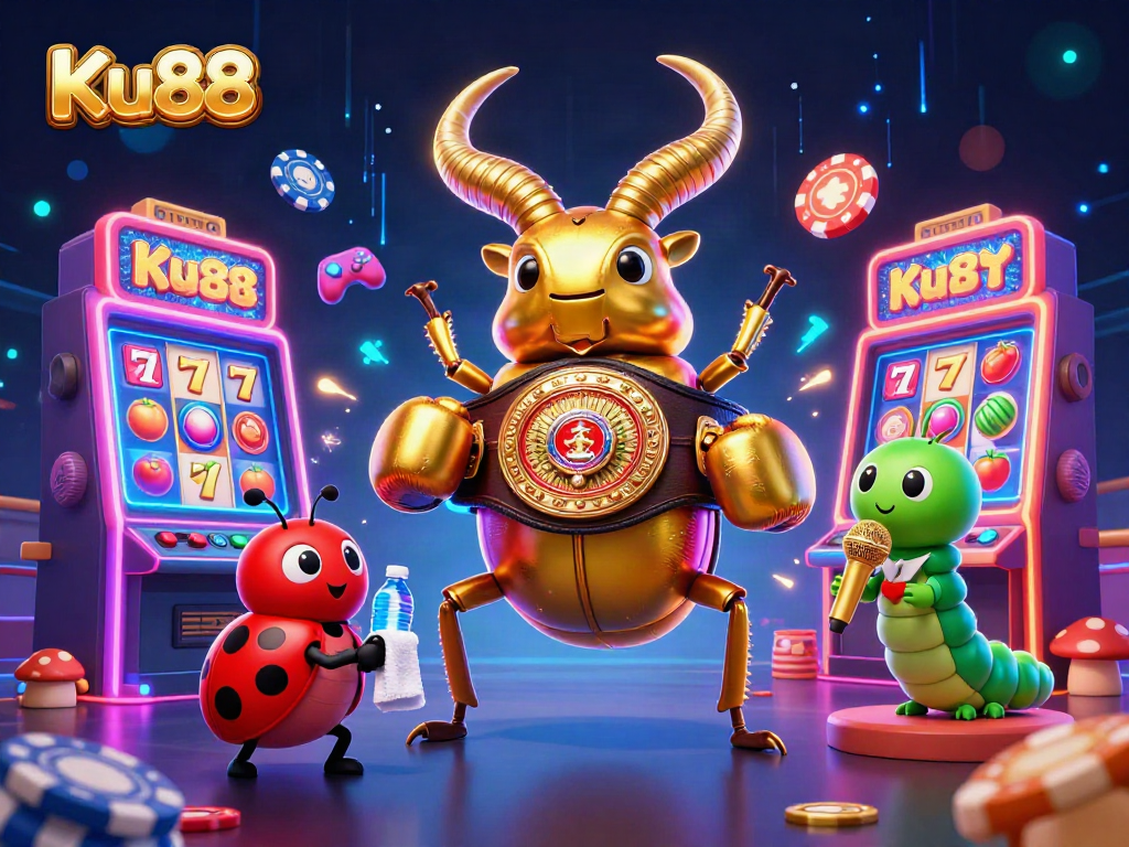 Ku88 showcases a vibrant battle scene with a golden stag beetle and gaming elements