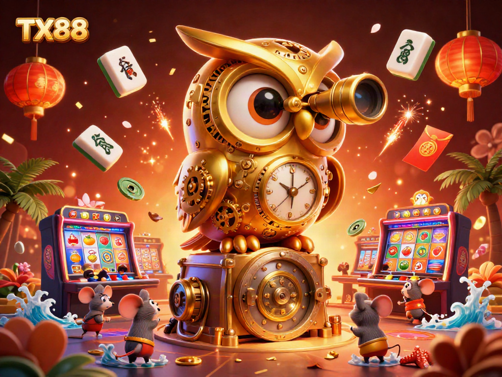 TX88 players enjoy vibrant slots with a clockwork owl scanning the casino floor amidst colorful charms.