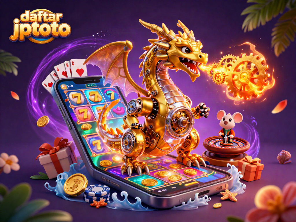Engage with daftar jptoto through a vibrant 3D illustration of a dragon and gaming elements.