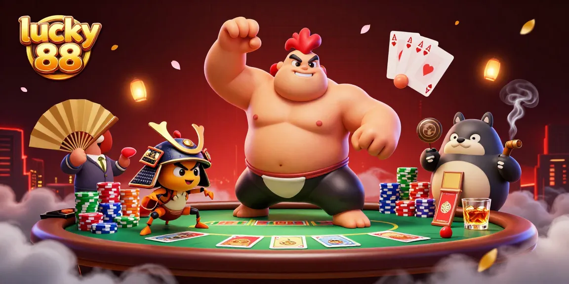 Immerse in the action at lucky 88 as the rooster wrestler and samurai cricket play poker with vibrant casino elements.