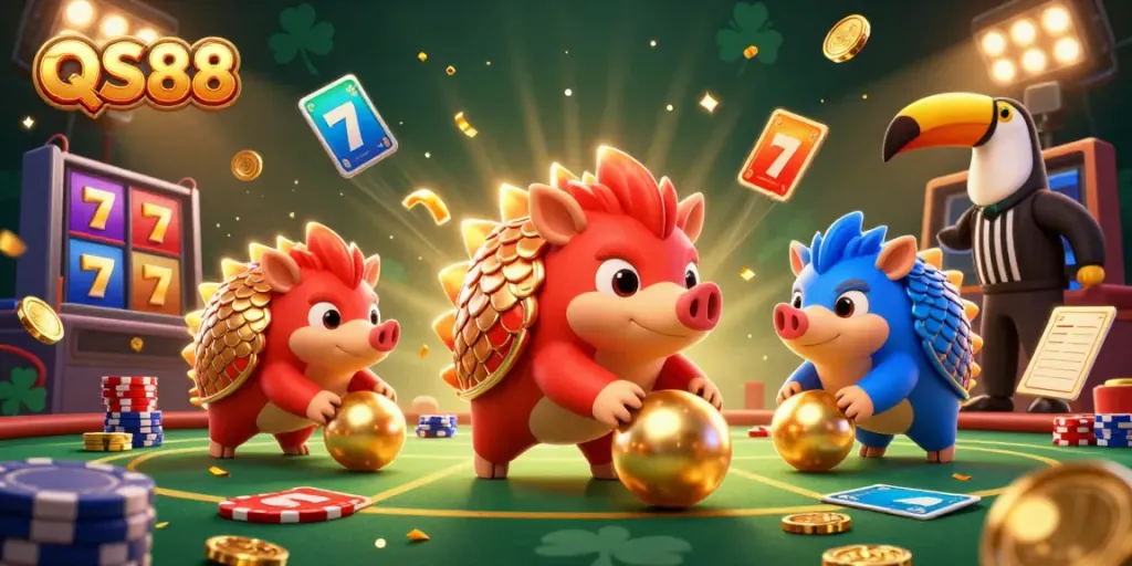 Rival pangolins engaging in a casino themed game with vibrant elements, featuring QS88 branding.