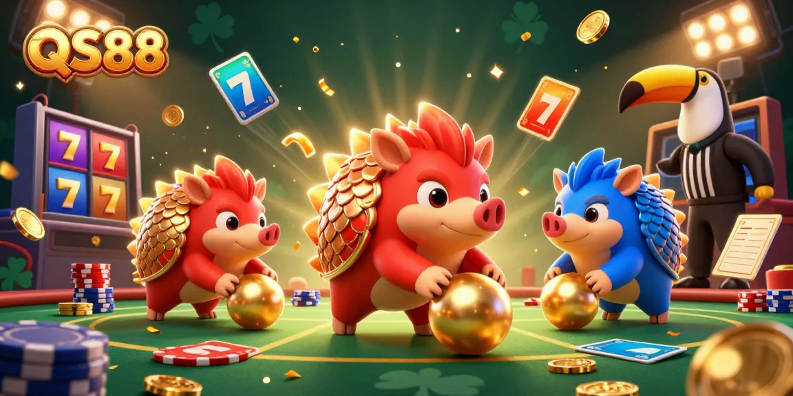 Rival pangolins engaging in a casino themed game with vibrant elements, featuring QS88 branding.