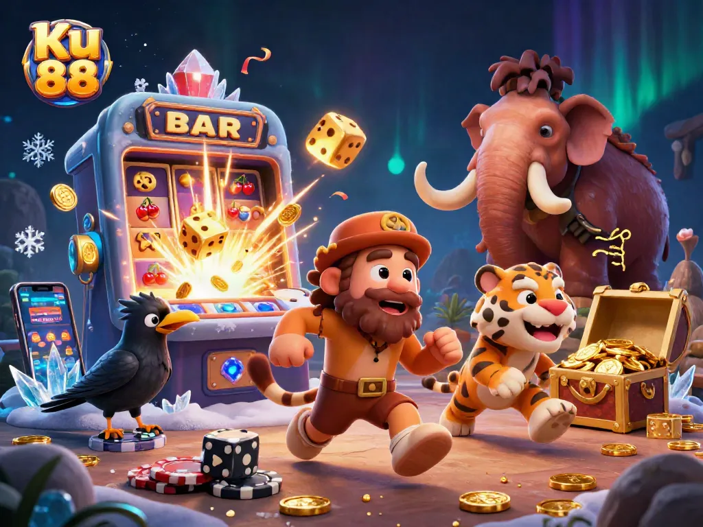 Experience thrilling moments with Ku 88 as a cartoon caveman and sabertooth tiger run a vibrant online casino.