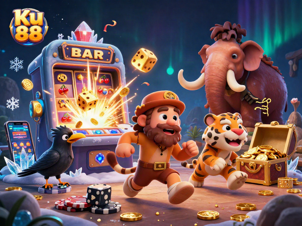 Experience thrilling moments with Ku 88 as a cartoon caveman and sabertooth tiger run a vibrant online casino.