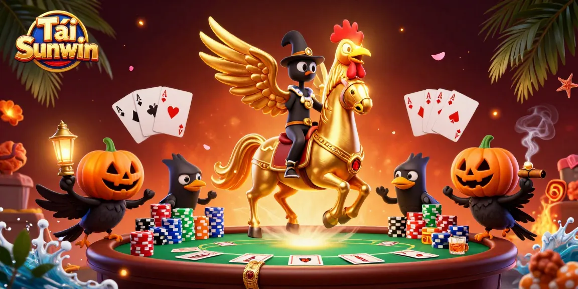 Tải Sunwin brings excitement with golden rooster characters and colorful poker elements in a vibrant casino.