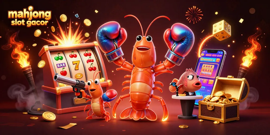 Experience the excitement of mahjong slot gacor with a vibrant 3D illustration of lively characters and casino elements.